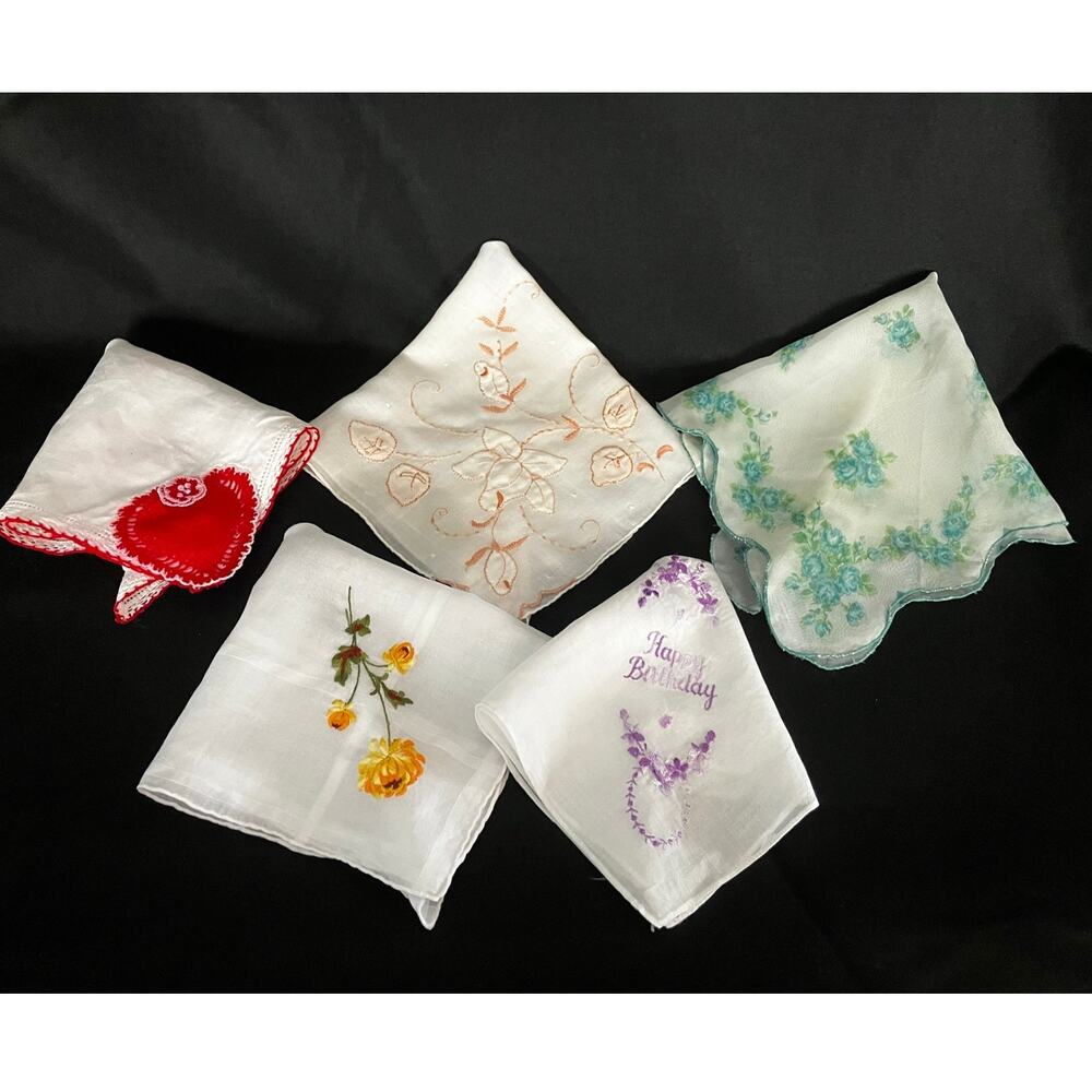 Lot of 5 Vintage Women's Mix Handkerchiefs Embroidered Sheer Cotton Crochet Edge